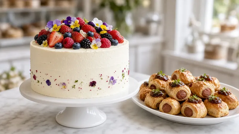 Celebration cake with cream buttercream, fresh berries and edible flowers, next to a platter of mini sausage rolls