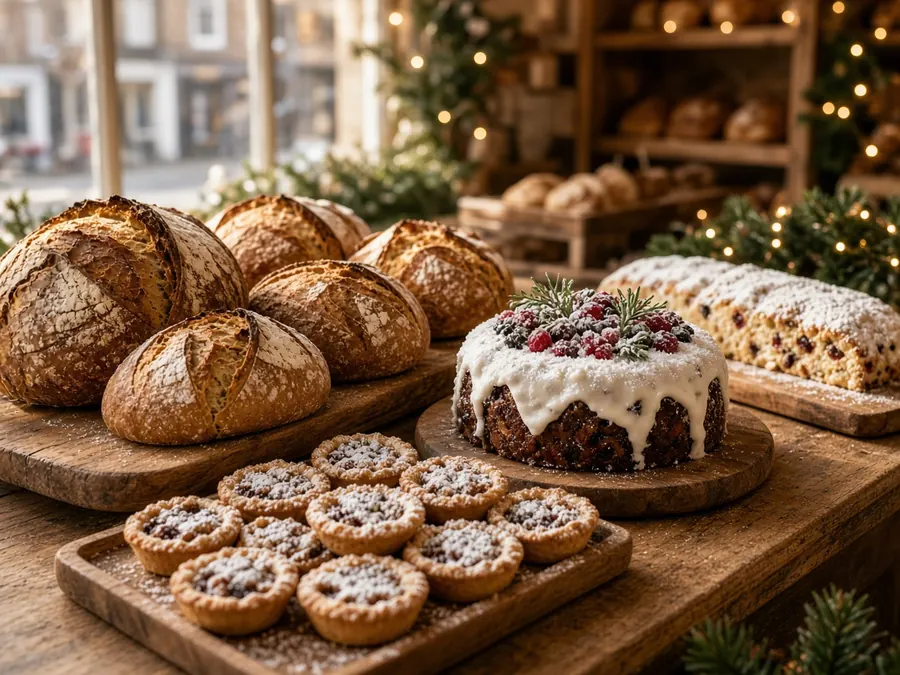 Bakery counter at Christmas with sourdough loaves, mince pies dusted with icing sugar, an iced Christmas cake and stollen