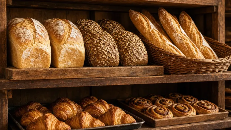 Wooden shelves of bloomers, seeded loaves and baguettes, with trays of croissants and cinnamon buns below