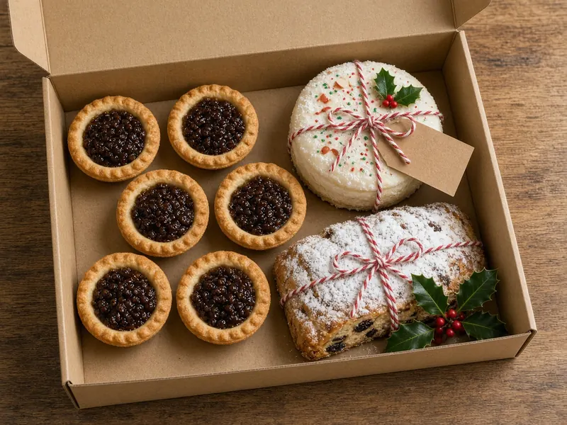 Open kraft pre-order box with six mince pies, a small iced Christmas cake and a stollen tied with red and white twine